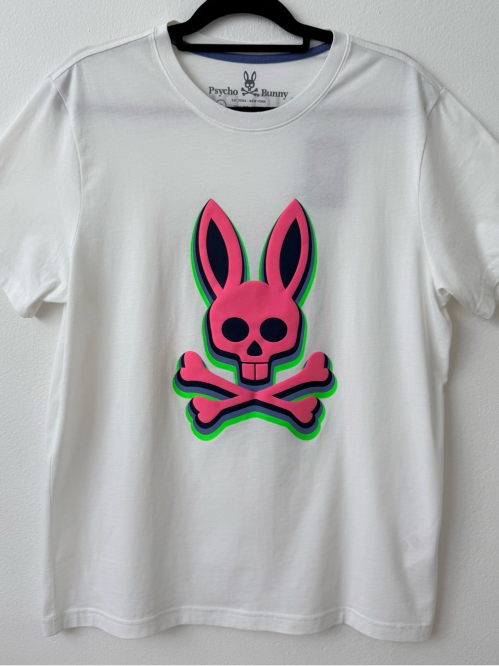 Psycho Bunny White T-Shirt with Blue Trim and Pink/Green Graphic - Picture 2 of 9